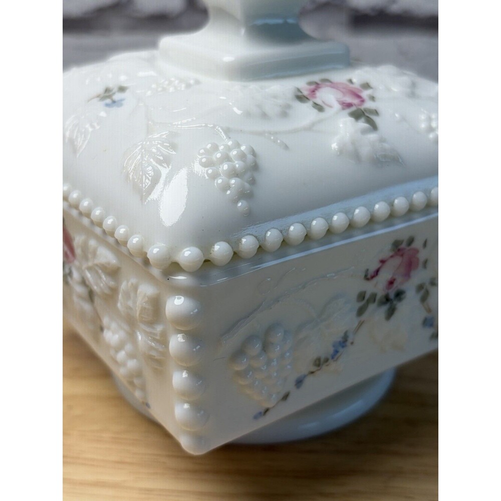 Westmoreland Milk Glass Candy Dish Lidded Paneled Grape Painted Flowers Footed - Picture 4 of 13